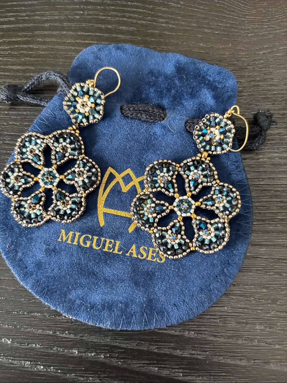 Miguel Ases Blue and Gold Floral Beaded Drop Earrings
